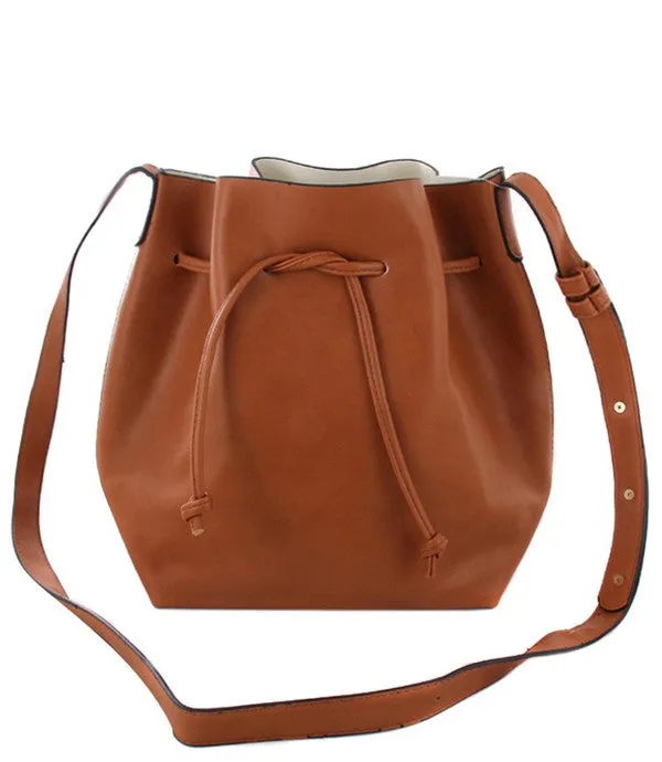 LEATHER DRAWSTRING CROSSBODY BUCKET BAG sold by Charming Charlie