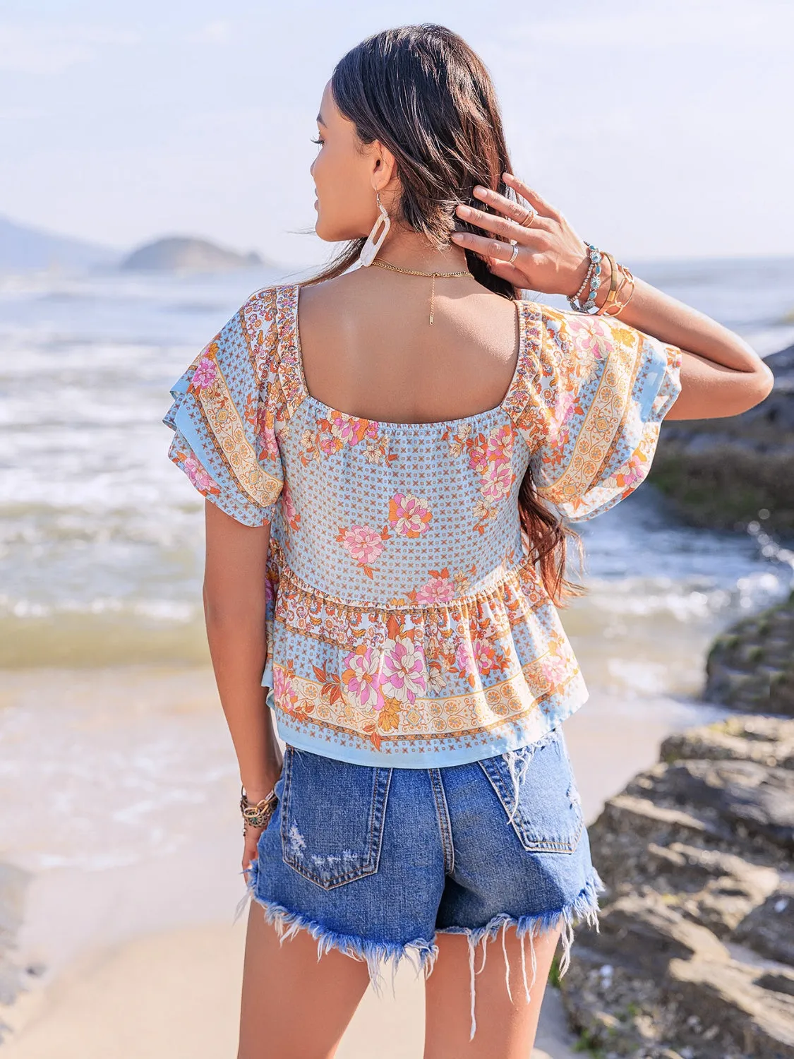 Printed Sweetheart Neck Layered Short Sleeve Blouse sold by Charming Charlie product image thumbnail 5