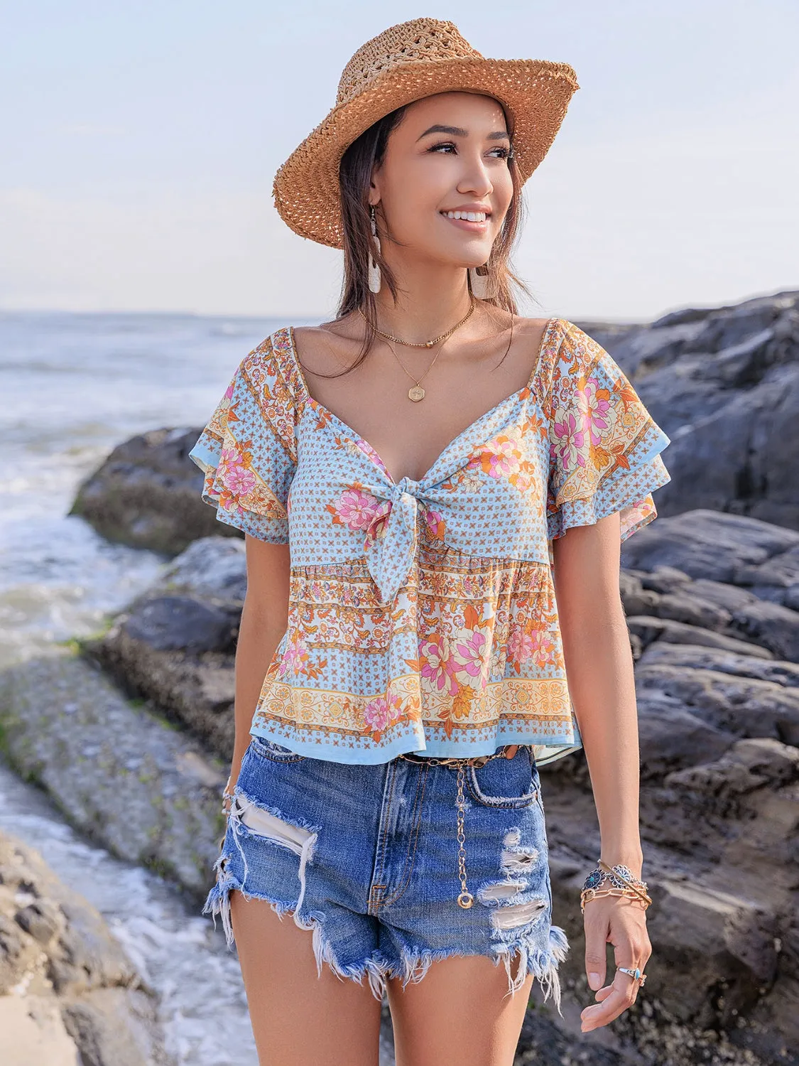 Printed Sweetheart Neck Layered Short Sleeve Blouse sold by Charming Charlie product image thumbnail 4