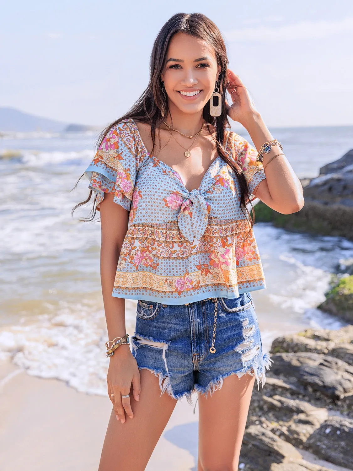 Printed Sweetheart Neck Layered Short Sleeve Blouse sold by Charming Charlie