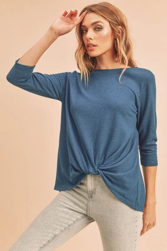 Aemi + Co Twist Front Round Neck 3/4 Sleeve T-Shirt sold by Charming Charlie