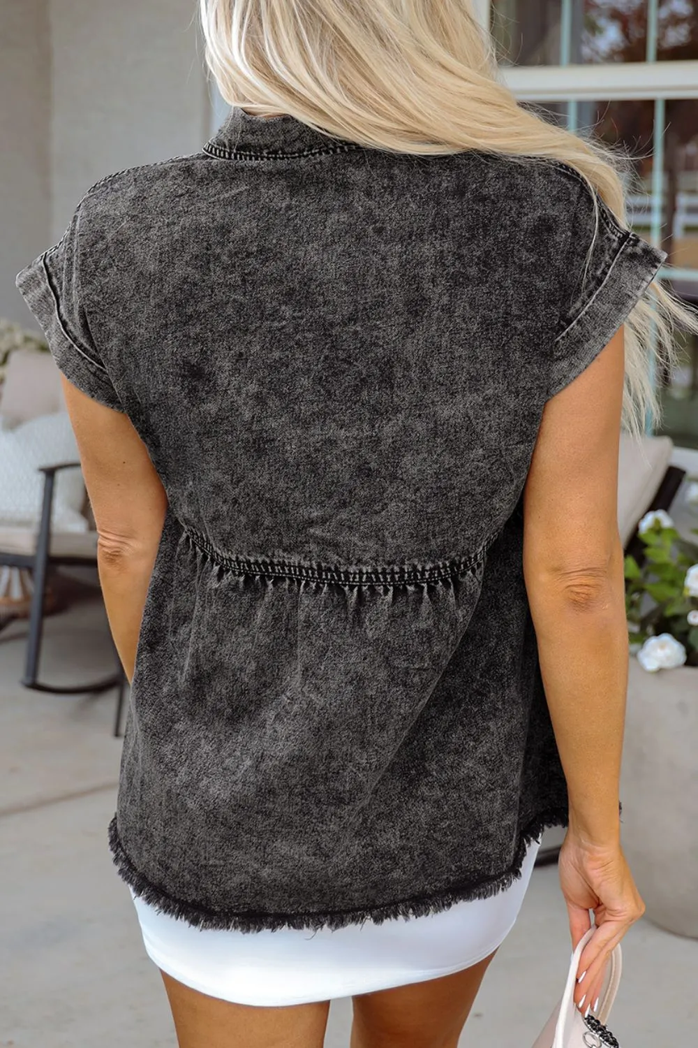 Short Sleeve Flap Pocket Button Up Raw Hem Denim Shirt sold by Charming Charlie product image thumbnail 2