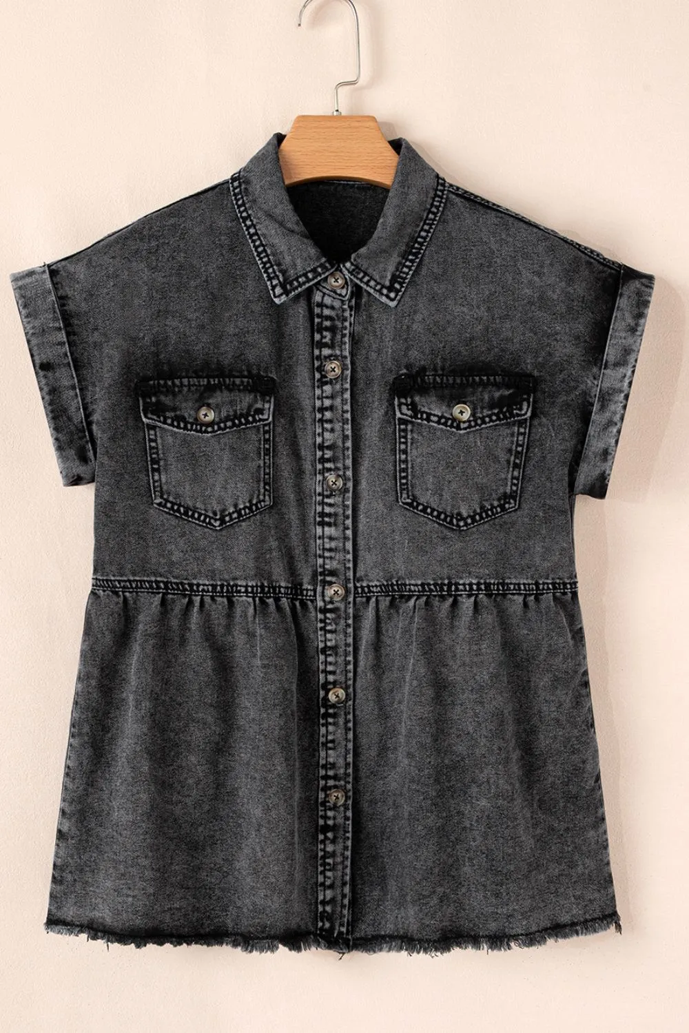 Short Sleeve Flap Pocket Button Up Raw Hem Denim Shirt sold by Charming Charlie product image thumbnail 5