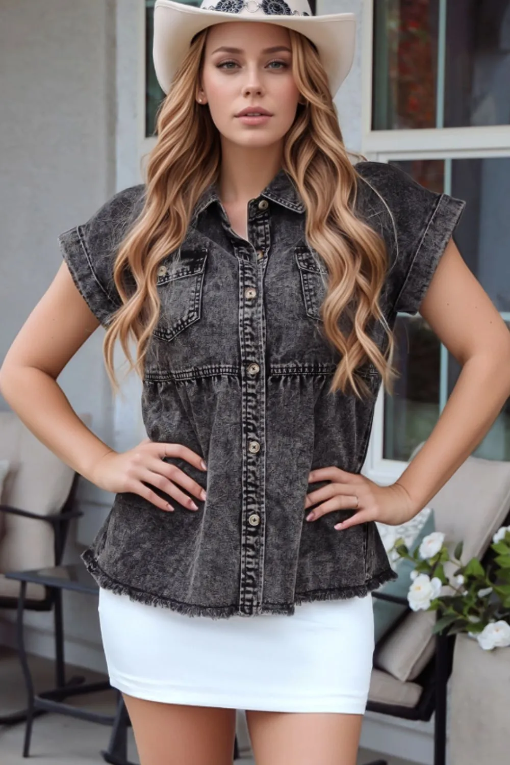 Short Sleeve Flap Pocket Button Up Raw Hem Denim Shirt sold by Charming Charlie
