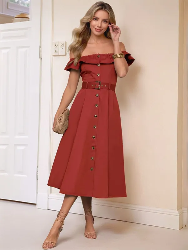 Ruffled Off-Shoulder Midi Dress sold by Charming Charlie