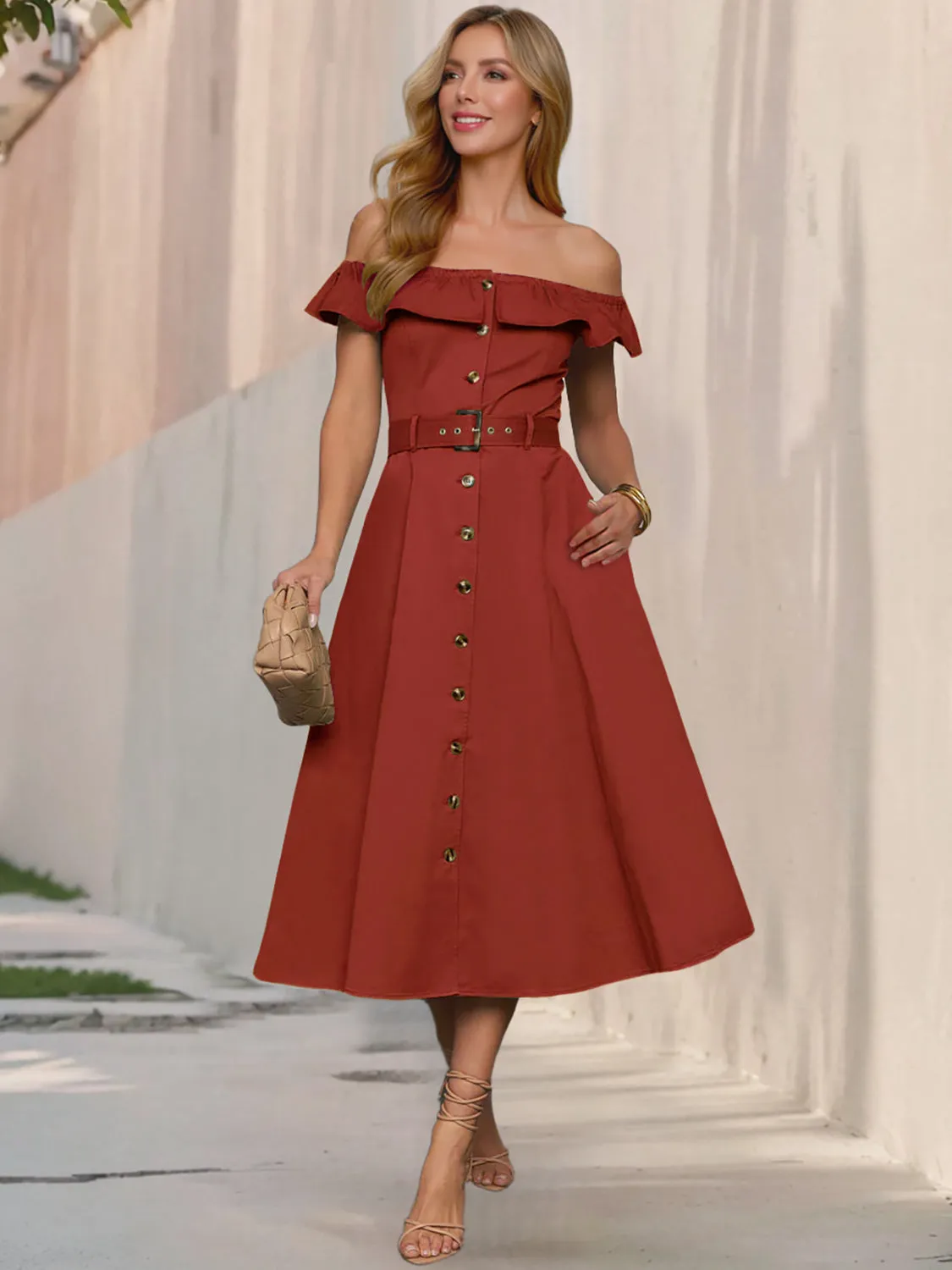 Ruffled Off-Shoulder Midi Dress sold by Charming Charlie product image thumbnail 2