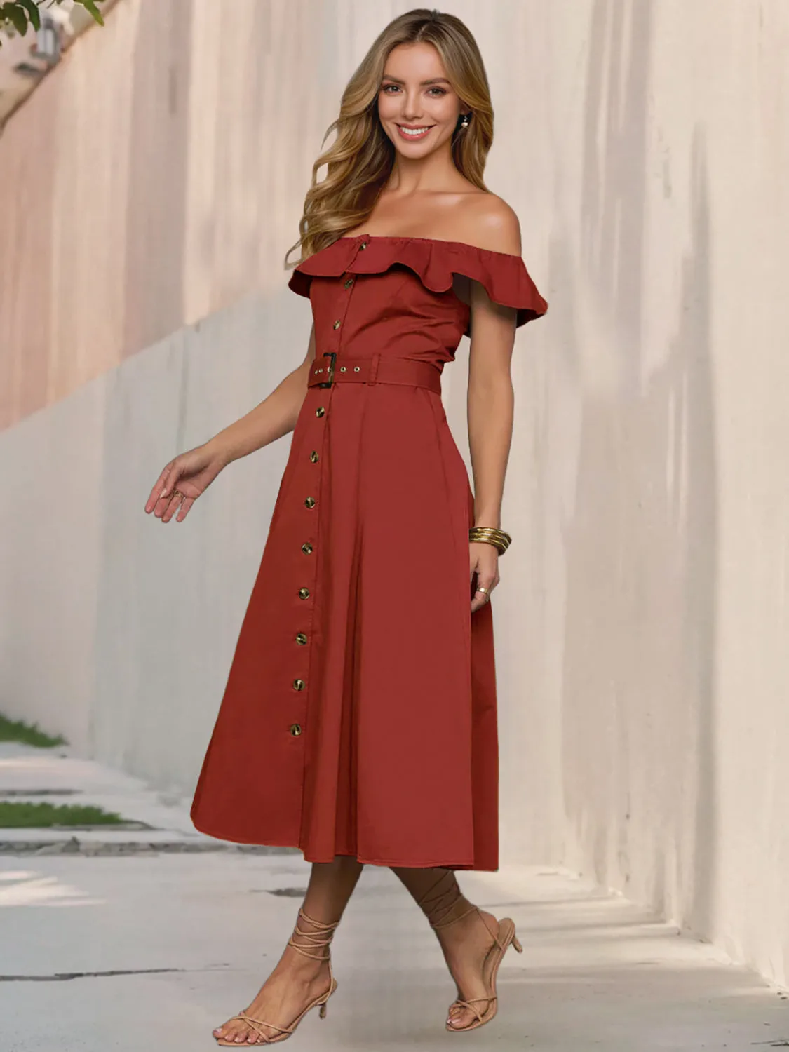 Ruffled Off-Shoulder Midi Dress sold by Charming Charlie product image thumbnail 3