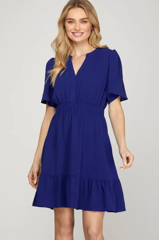 She + Sky Ruffled Hem Notched Flutter Sleeve Mini Dress sold by Charming Charlie