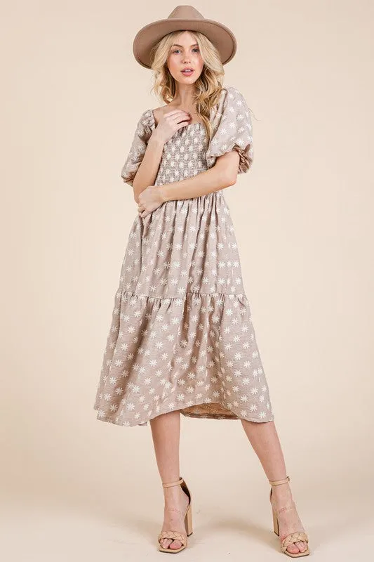 GeeGee Floral Embroidered Smocked Puff Sleeve Tiered Midi Dress sold by Charming Charlie product image thumbnail 5