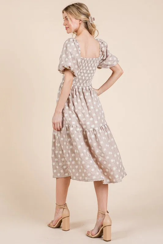 GeeGee Floral Embroidered Smocked Puff Sleeve Tiered Midi Dress sold by Charming Charlie product image thumbnail 3