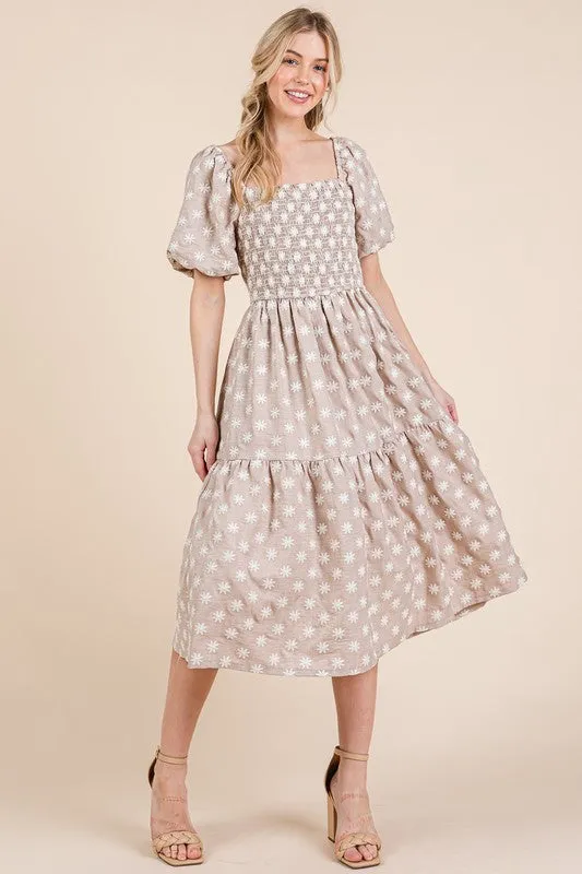 GeeGee Floral Embroidered Smocked Puff Sleeve Tiered Midi Dress sold by Charming Charlie