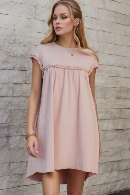 Frilled Trim Crew Neck Cap Sleeve Loose Fit Mini Dress sold by Charming Charlie