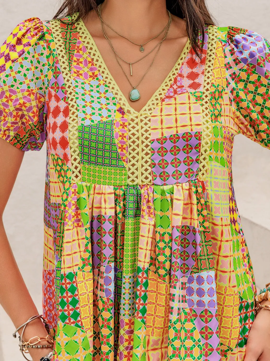 Crochet Trim Printed V-Neck Short Sleeve Blouse sold by Charming Charlie product image thumbnail 4