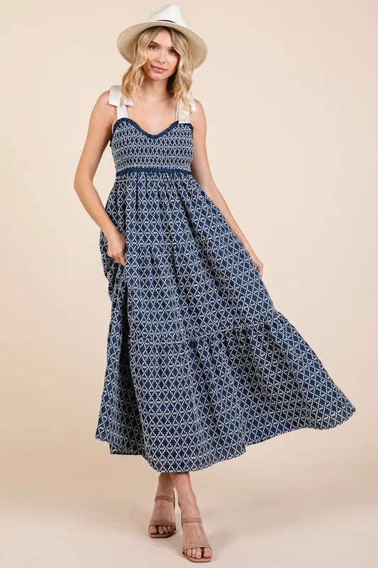 GeeGee Geometric Embroidered Smocked Tie Shoulder Midi Dress sold by Charming Charlie