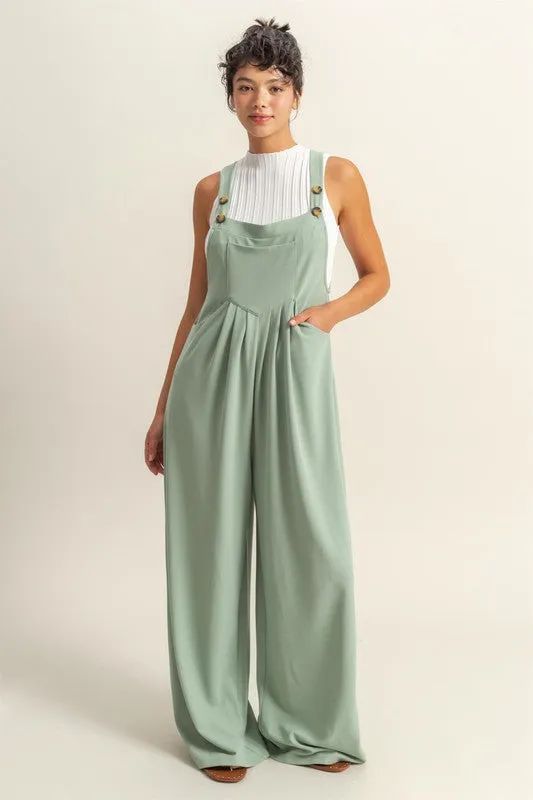 HYFVE Pleated Detail Front Pocket Wide Strap Overalls sold by Charming Charlie
