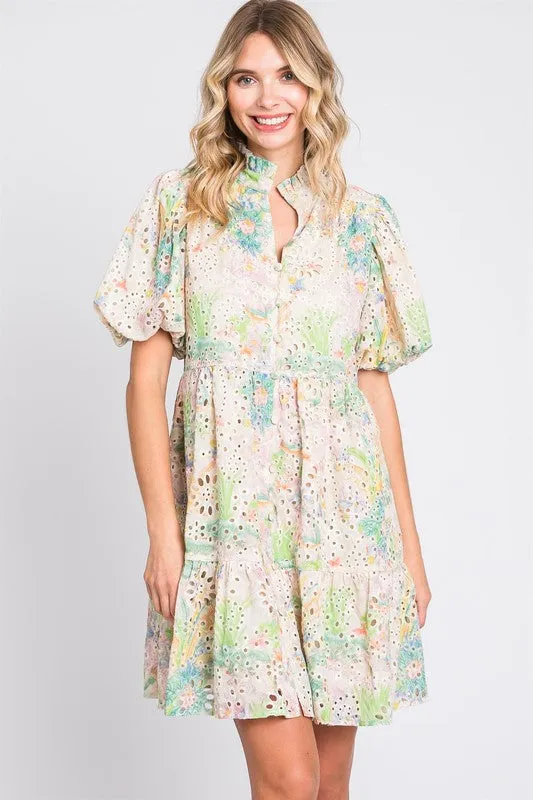 GeeGee Floral Eyelet Lace Puff Sleeve Mini Dress sold by Charming Charlie product image thumbnail 3