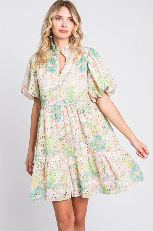 GeeGee Floral Eyelet Lace Puff Sleeve Mini Dress sold by Charming Charlie