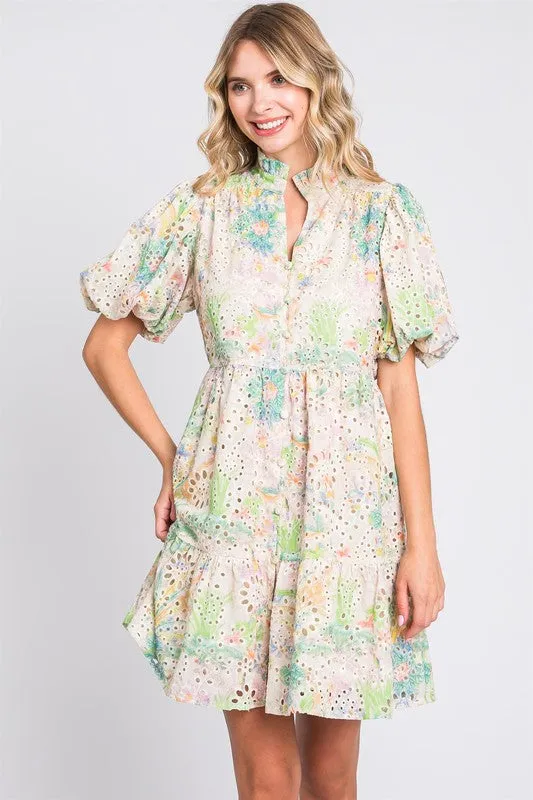 GeeGee Floral Eyelet Lace Puff Sleeve Mini Dress sold by Charming Charlie product image thumbnail 2