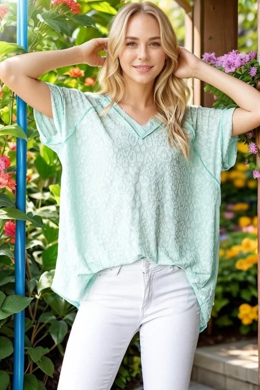 Heimish Full Size Exposed Seam V-Neck Short Sleeve Leopard Top Plus Size sold by Charming Charlie