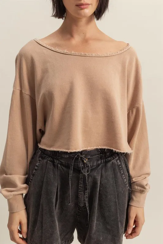 HYFVE Frayed Detail Boat Neck Long Sleeve Crop Top sold by Charming Charlie product image thumbnail 4
