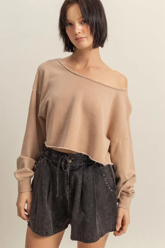 HYFVE Frayed Detail Boat Neck Long Sleeve Crop Top sold by Charming Charlie