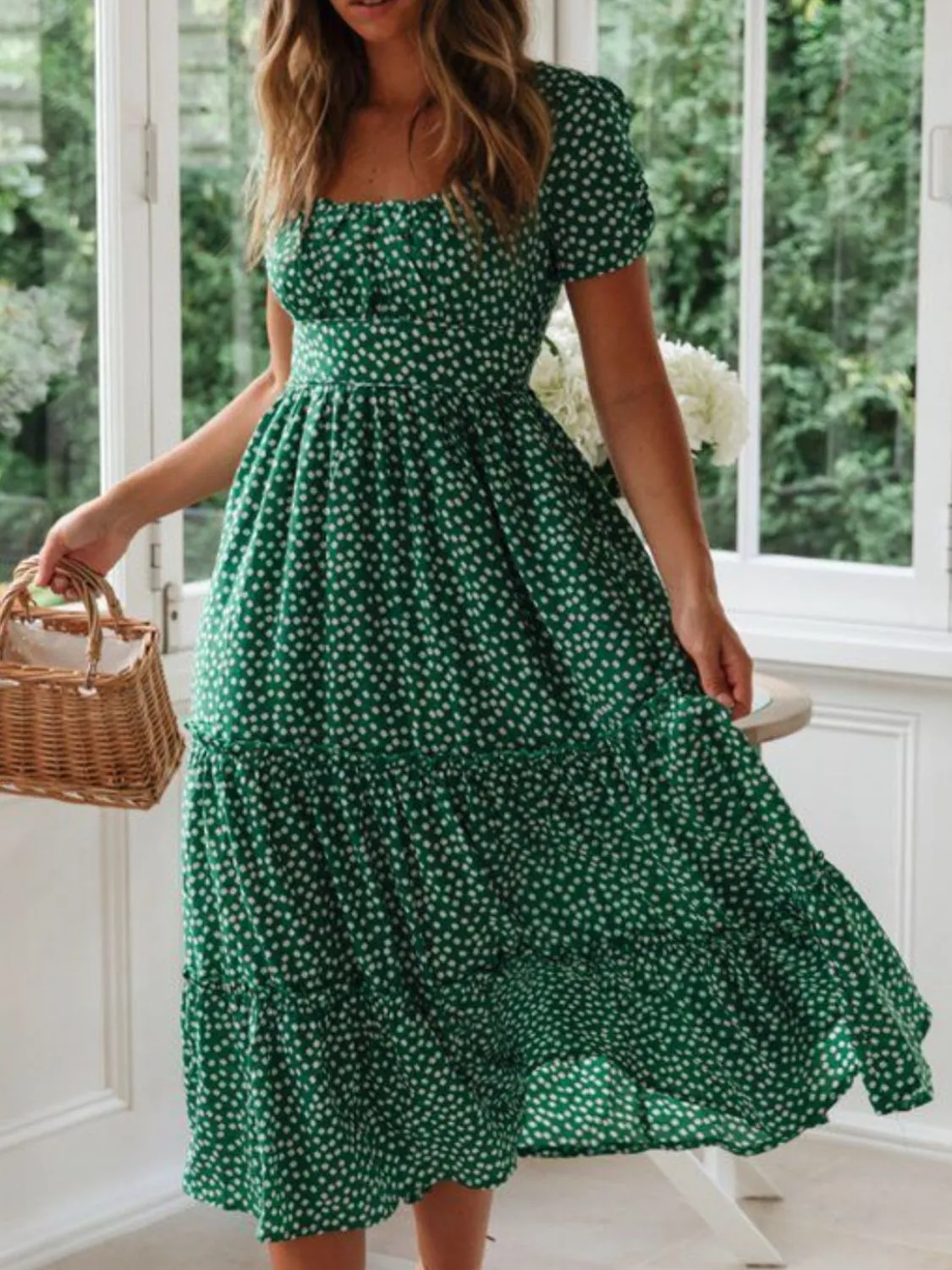 Printed Square Neck Short Sleeve Midi Dress sold by Charming Charlie