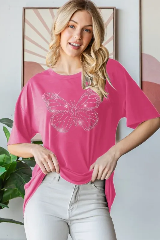Heimish Full Size Rhinestone Butterfly Round Neck Short Sleeve T-Shirt Plus Size sold by Charming Charlie