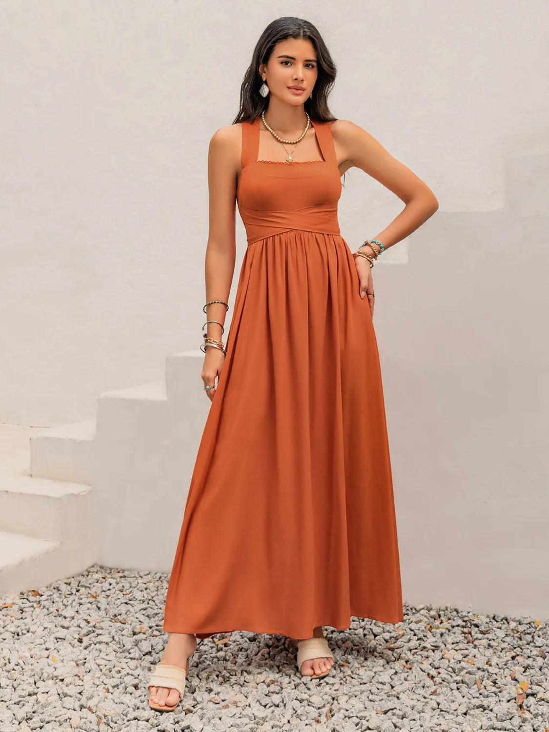 Crisscross Back Smocked Square Neck Maxi Dress sold by Charming Charlie