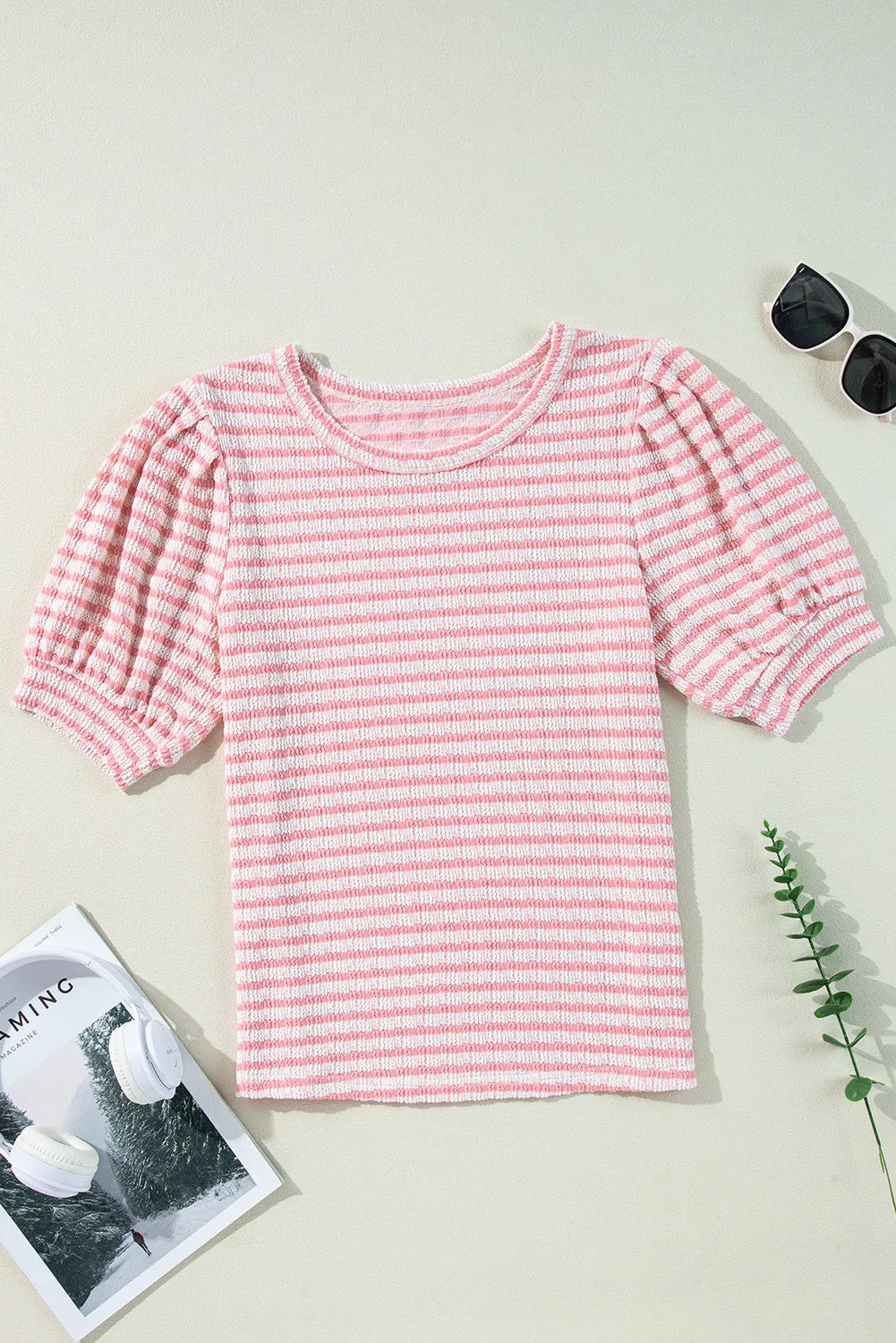 Stripe Textured Puff Sleeve Crewneck Top sold by Charming Charlie product image thumbnail 3