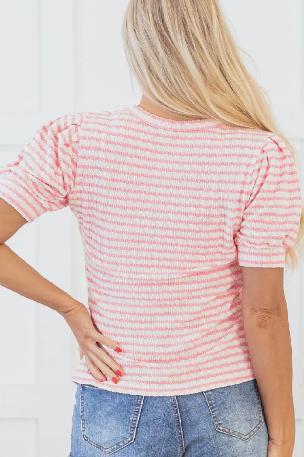 Stripe Textured Puff Sleeve Crewneck Top sold by Charming Charlie product image thumbnail 2