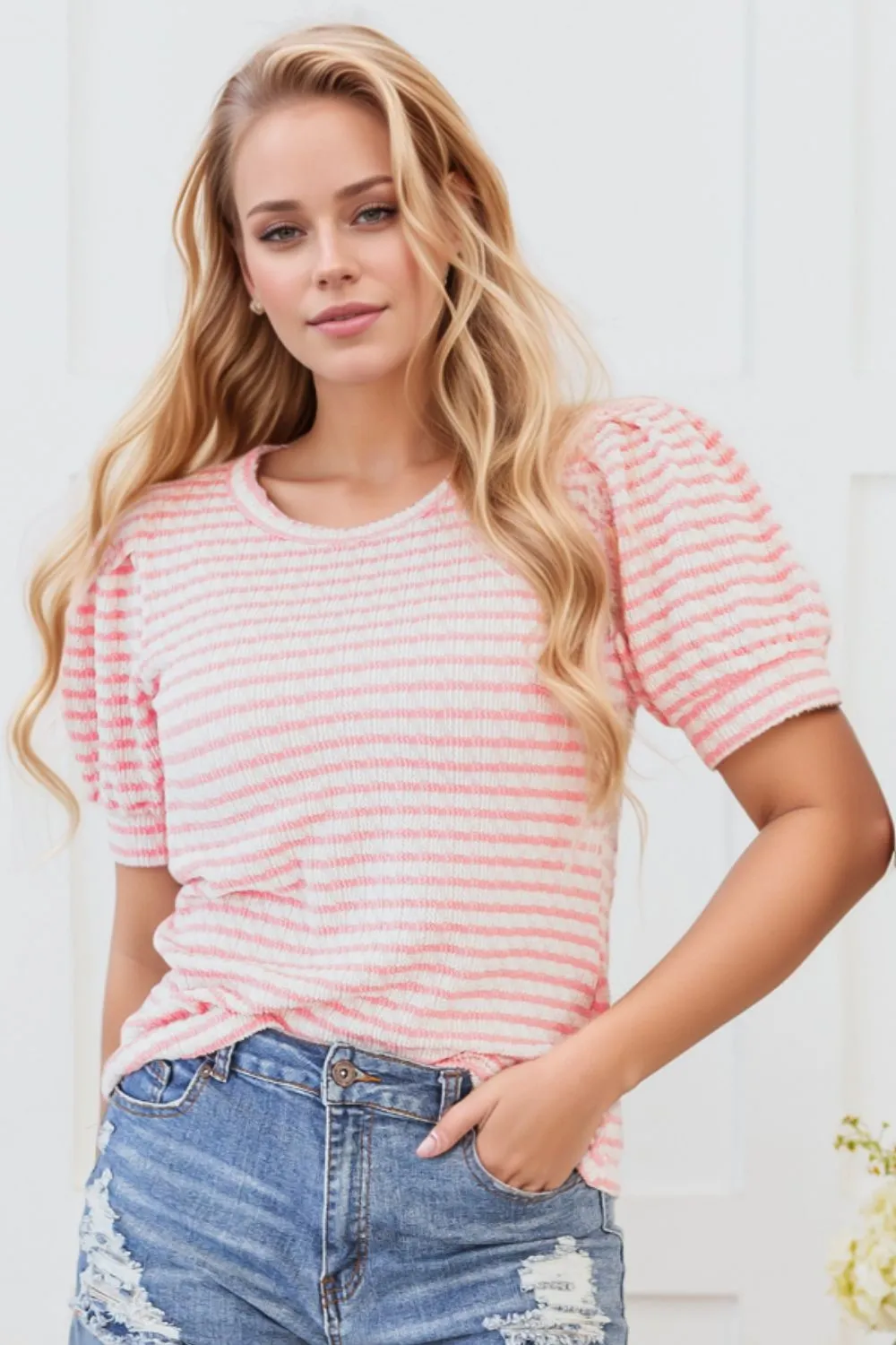 Stripe Textured Puff Sleeve Crewneck Top sold by Charming Charlie