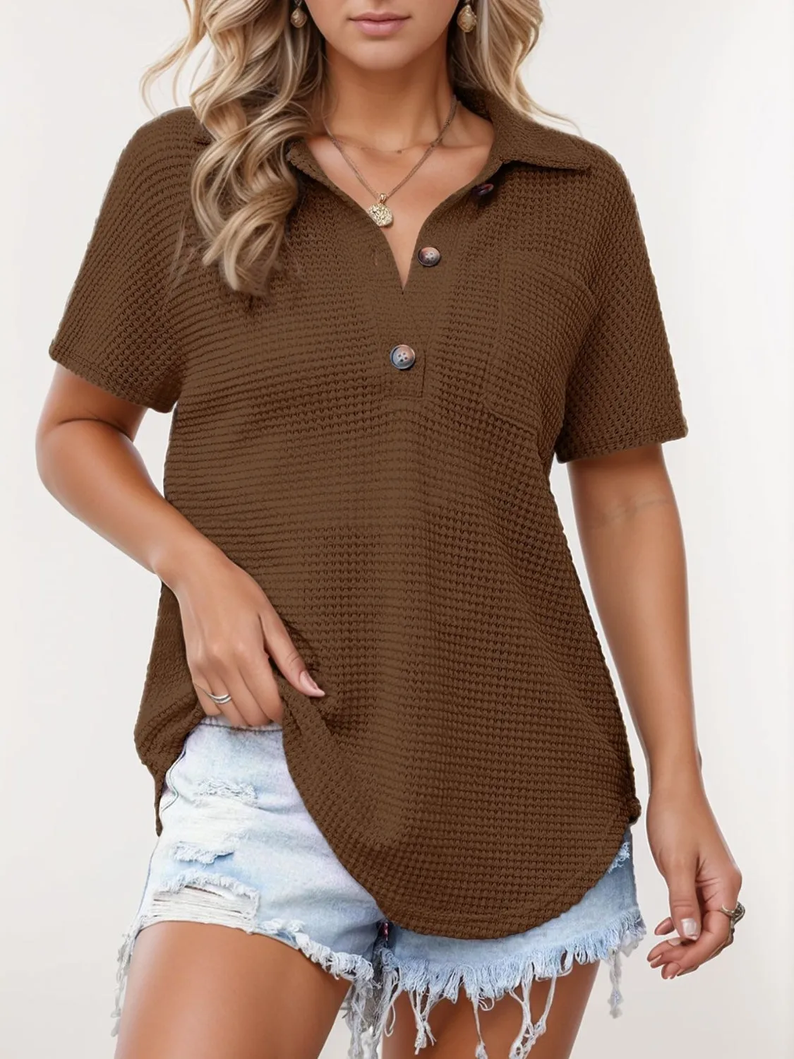 Waffle-Knit Short Sleeve Polo Shirt sold by Charming Charlie