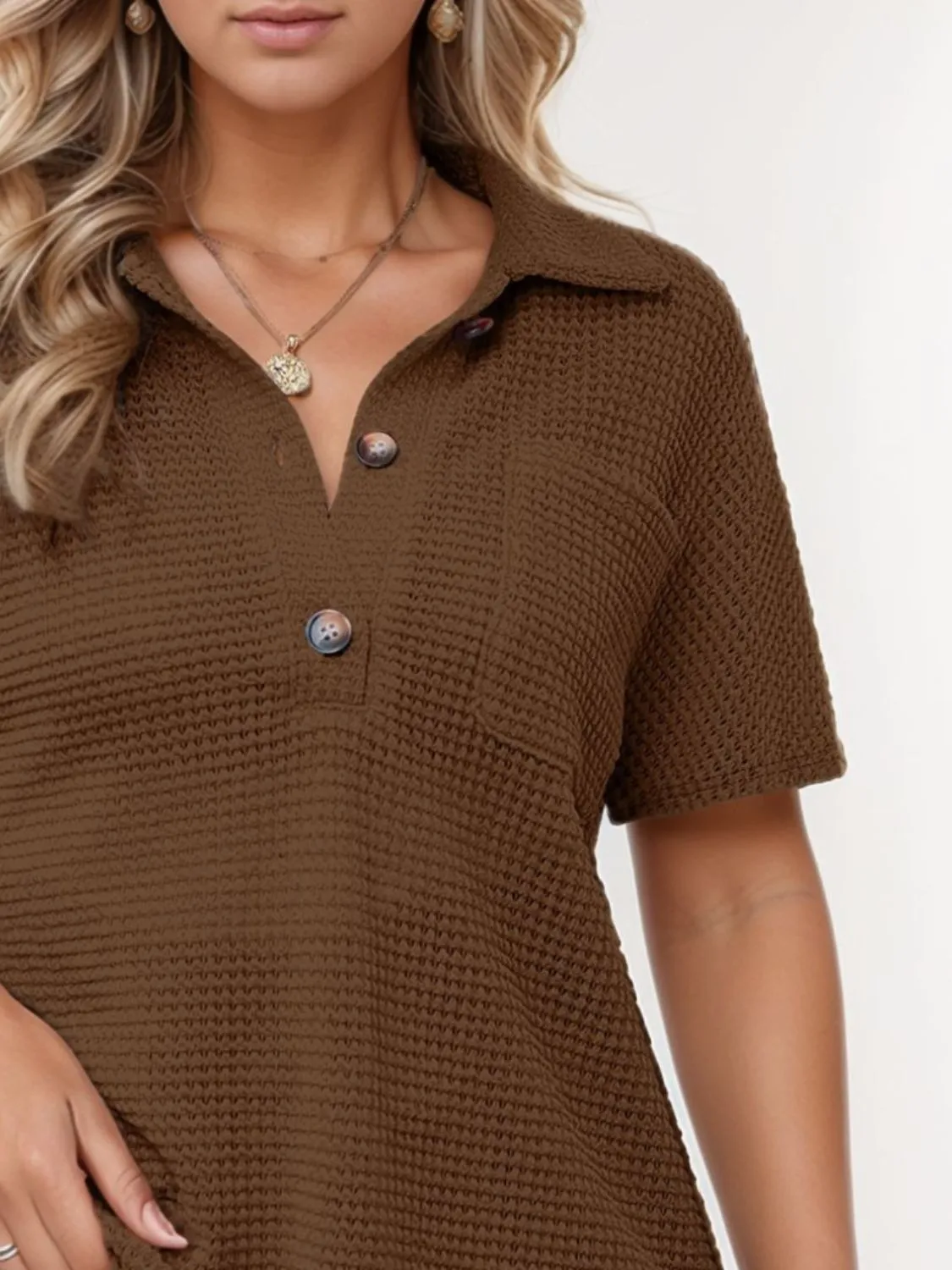 Waffle-Knit Short Sleeve Polo Shirt sold by Charming Charlie product image thumbnail 3