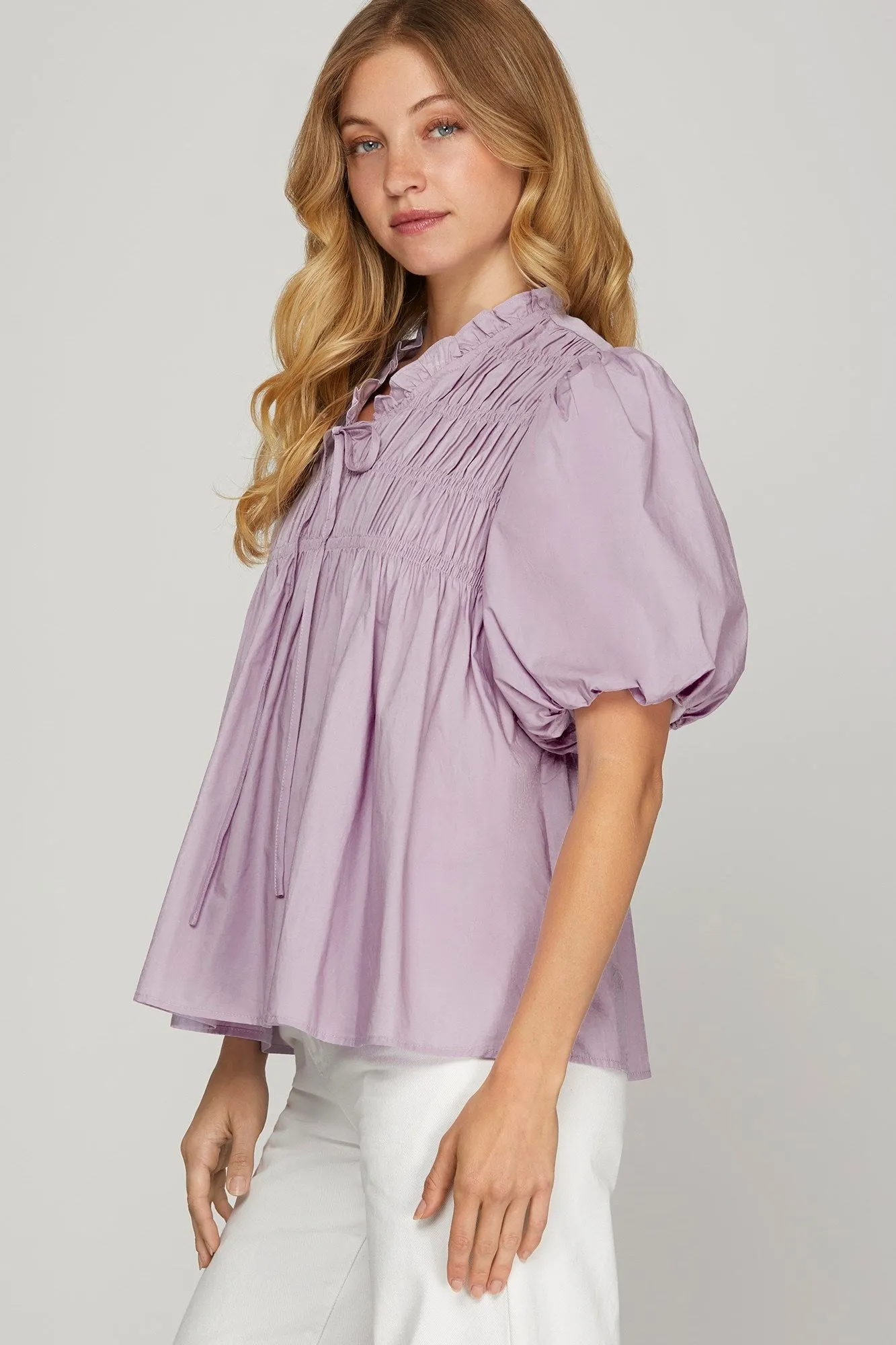 She + Sky Smocked Front Puff Sleeve Woven Blouse sold by Charming Charlie product image thumbnail 2