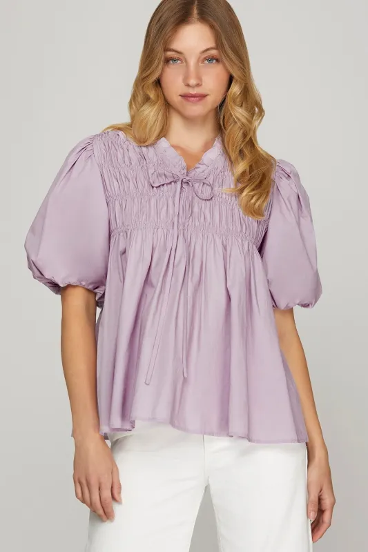 She + Sky Smocked Front Puff Sleeve Woven Blouse sold by Charming Charlie