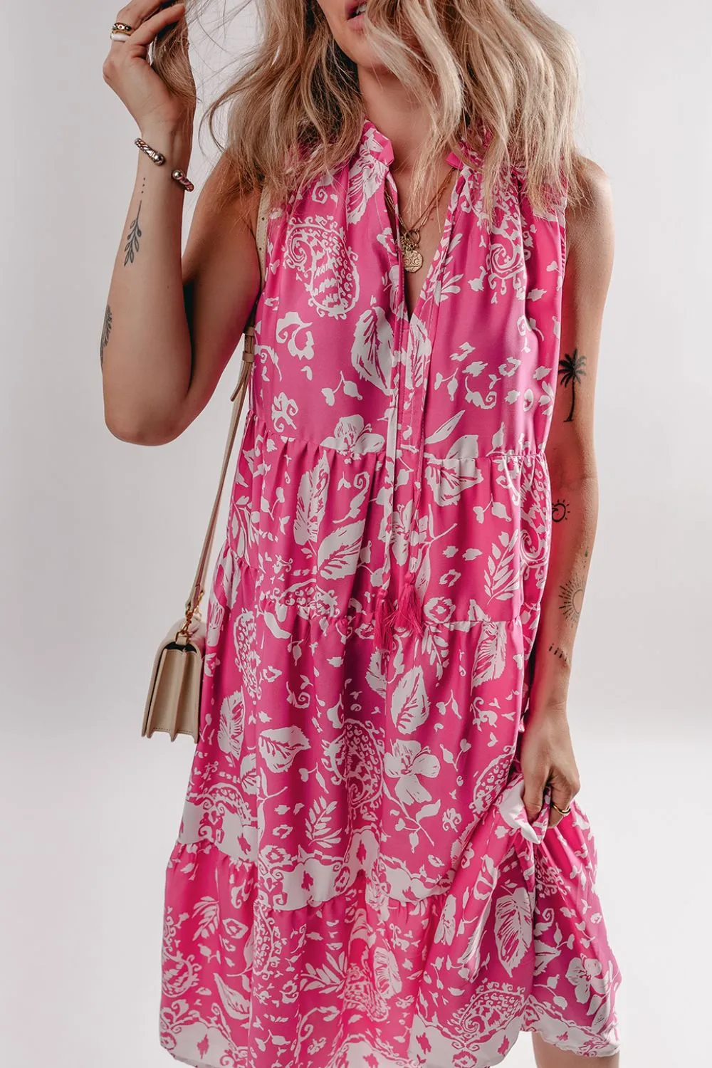 Floral Sleeveless Tasseled Tie Neck Tiered Midi Dress sold by Charming Charlie product image thumbnail 3