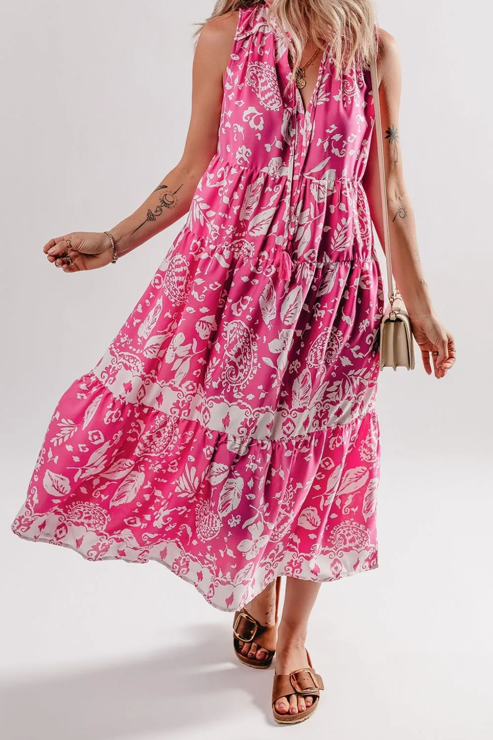 Floral Sleeveless Tasseled Tie Neck Tiered Midi Dress sold by Charming Charlie product image thumbnail 5