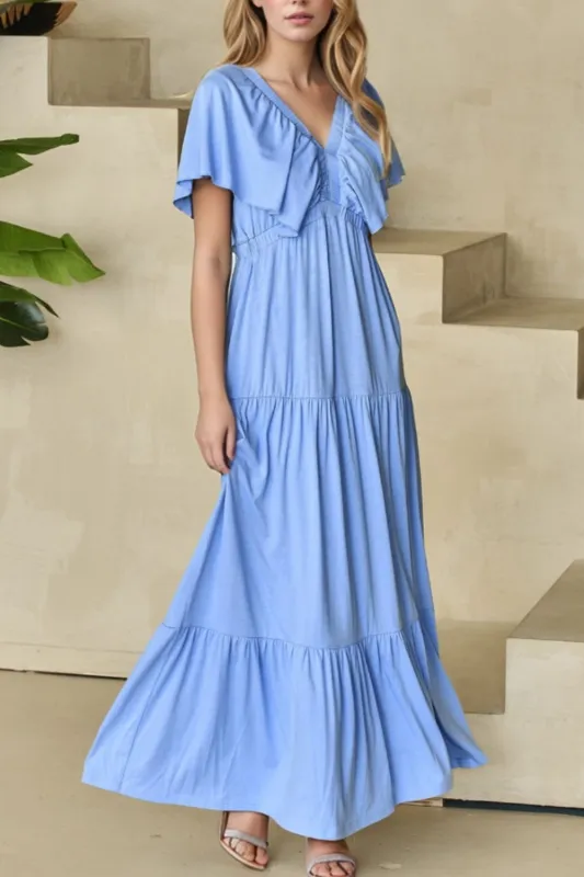Ruffled V Neck Flutter Sleeve Maxi Dress sold by Charming Charlie