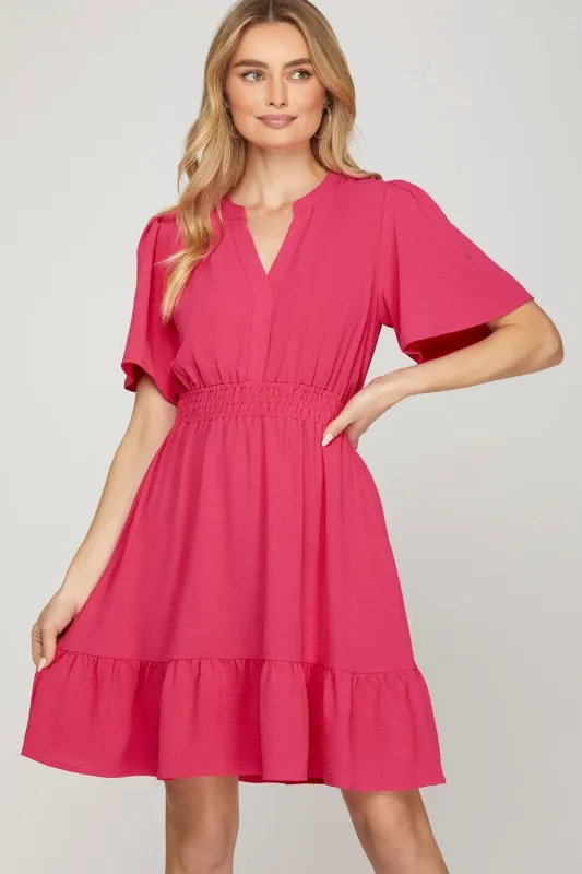 She + Sky Ruffled Hem Notched Flutter Sleeve Mini Dress sold by Charming Charlie