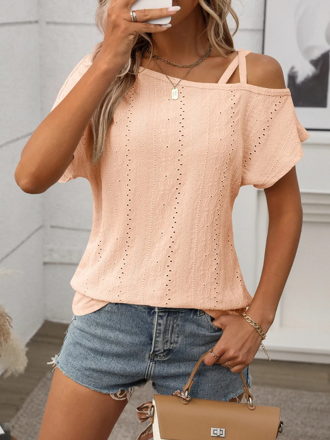 Eyelet Asymmetrical Shoulder Short Sleeve T-Shirt sold by Charming Charlie product image thumbnail 4