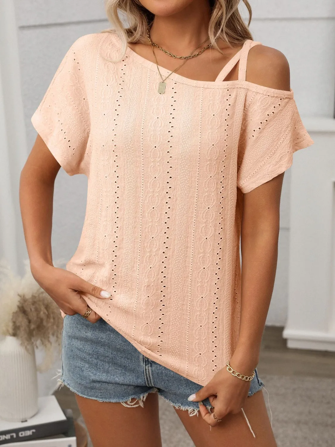 Eyelet Asymmetrical Shoulder Short Sleeve T-Shirt sold by Charming Charlie product image thumbnail 2