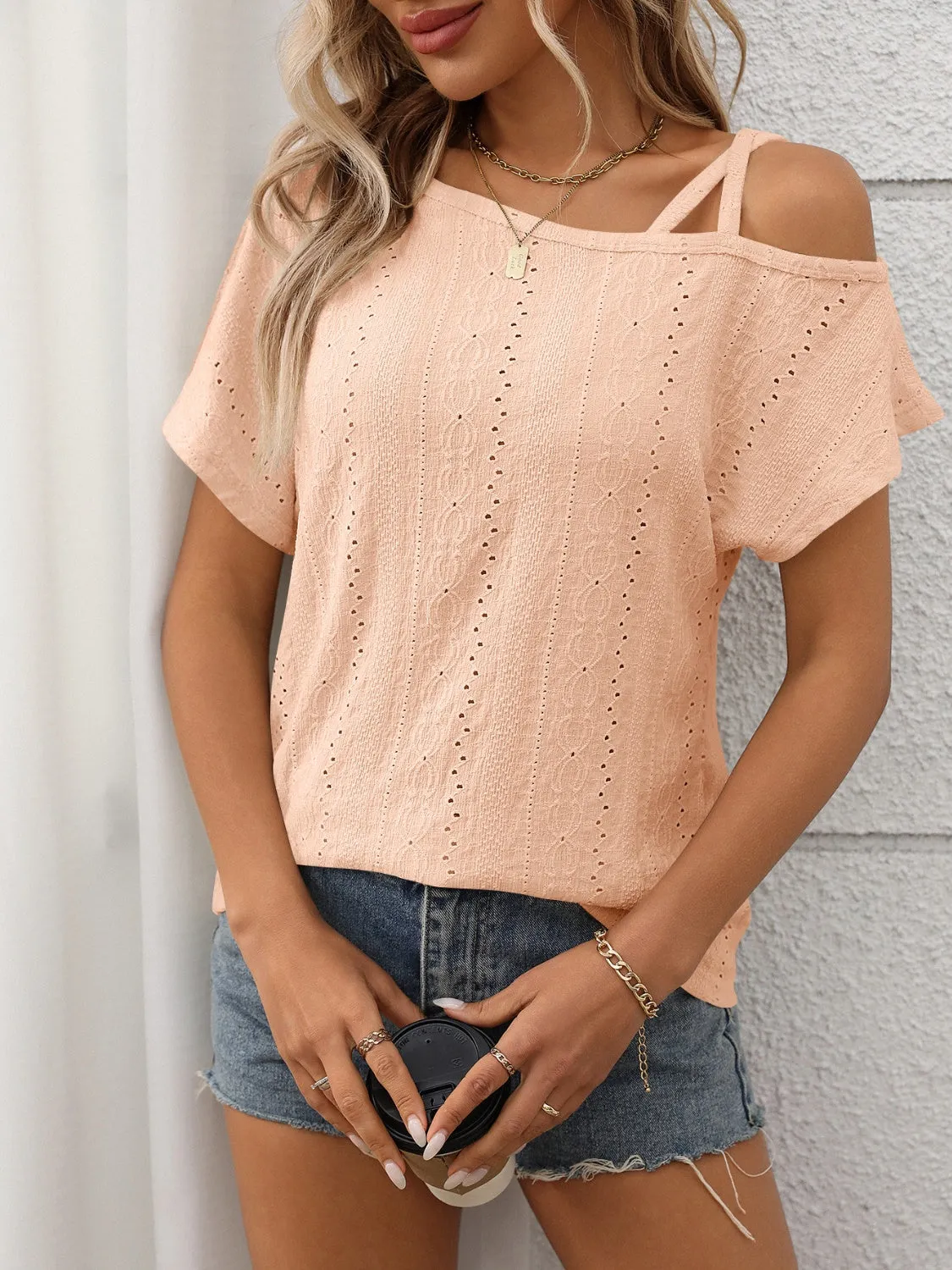 Eyelet Asymmetrical Shoulder Short Sleeve T-Shirt sold by Charming Charlie