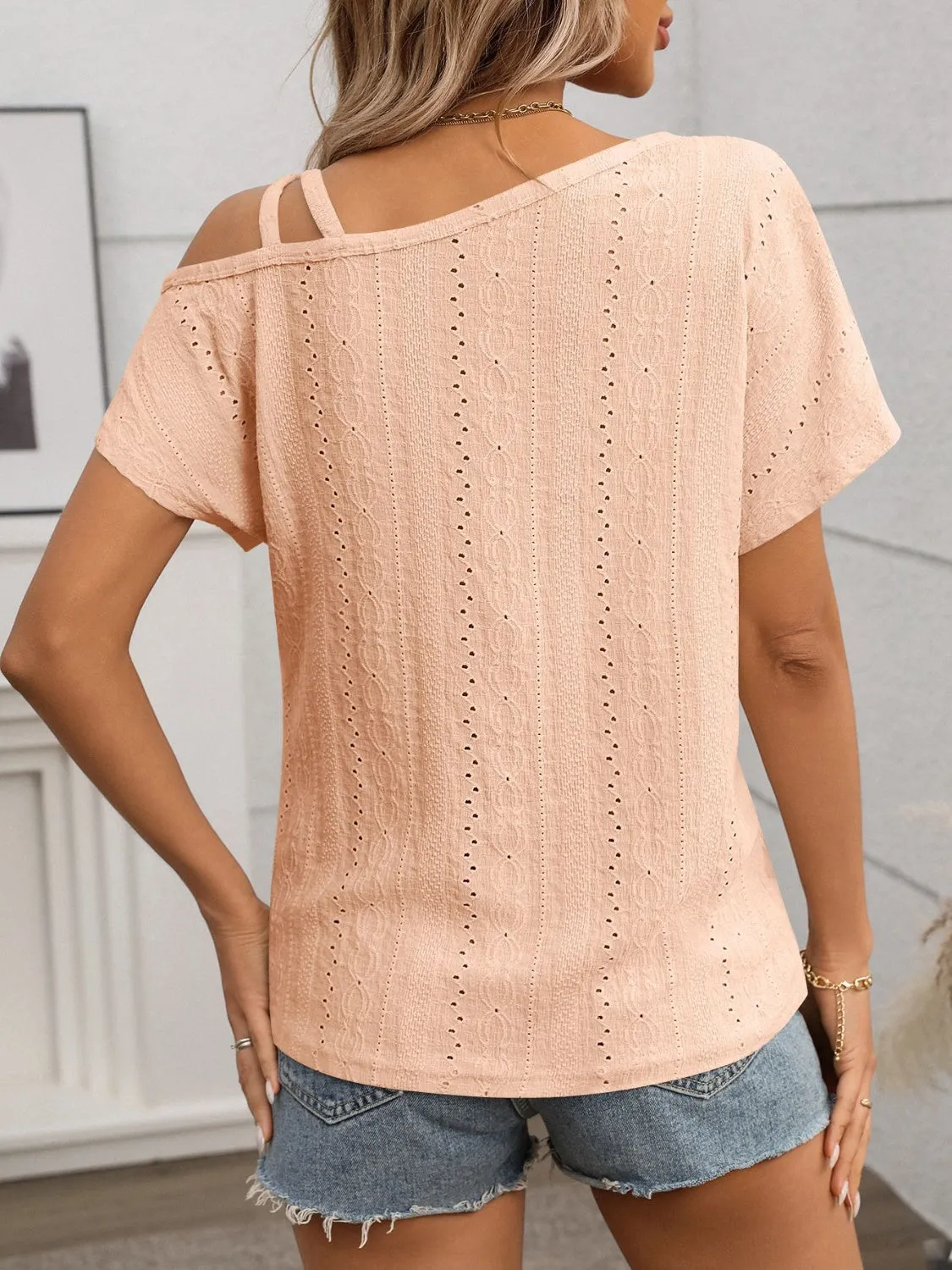 Eyelet Asymmetrical Shoulder Short Sleeve T-Shirt sold by Charming Charlie product image thumbnail 5