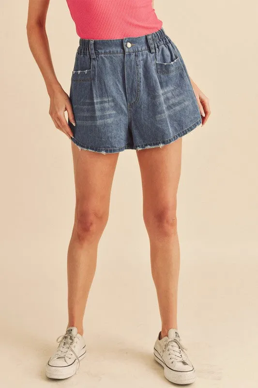 Aemi + Co Frayed Hem Elastic Waist Denim Shorts sold by Charming Charlie