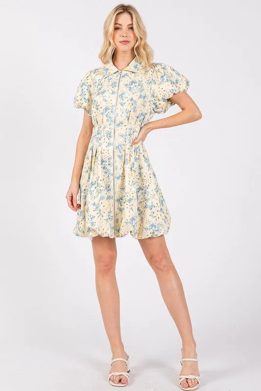 GeeGee Floral Eyelet Zipper Front Puff Sleeve Mini Dress sold by Charming Charlie product image thumbnail 5