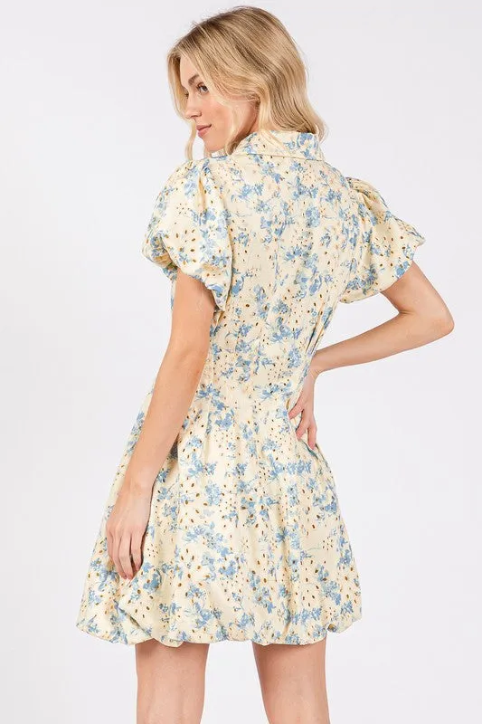 GeeGee Floral Eyelet Zipper Front Puff Sleeve Mini Dress sold by Charming Charlie product image thumbnail 3
