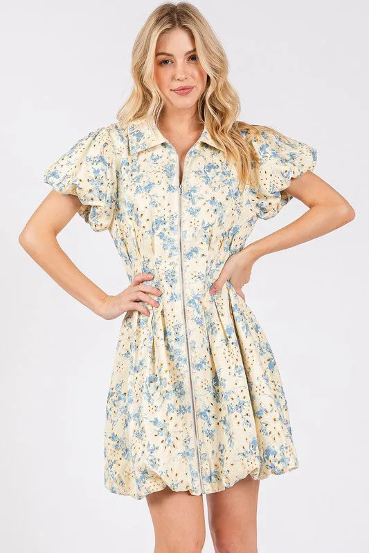 GeeGee Floral Eyelet Zipper Front Puff Sleeve Mini Dress sold by Charming Charlie