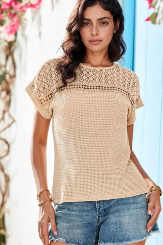 Lace Patchwork Waffle Short Sleeve Knit Top sold by Charming Charlie