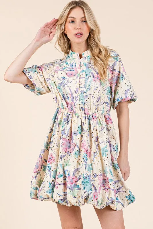 GeeGee Floral Eyelet Lace Puff Sleeve Mini Shirt Dress sold by Charming Charlie