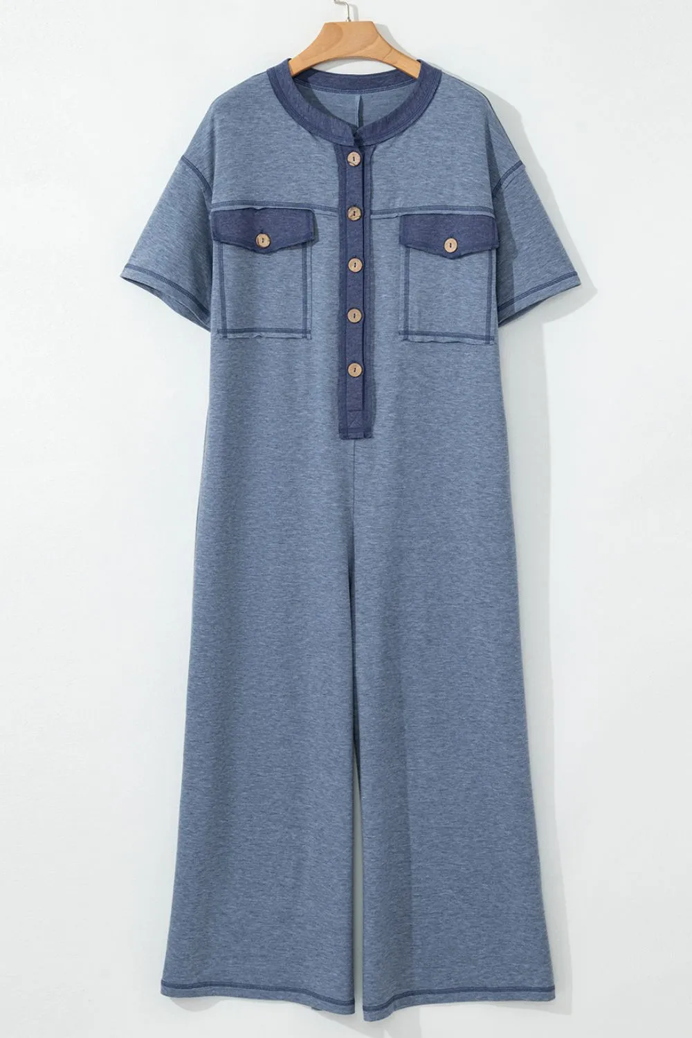 Placket Chest Pockets Short Sleeve Wide Leg Jumpsuit sold by Charming Charlie product image thumbnail 5